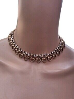 VTG Trifari Pat Pend Gold Tone Rhinestone Open Heart Choker Necklace